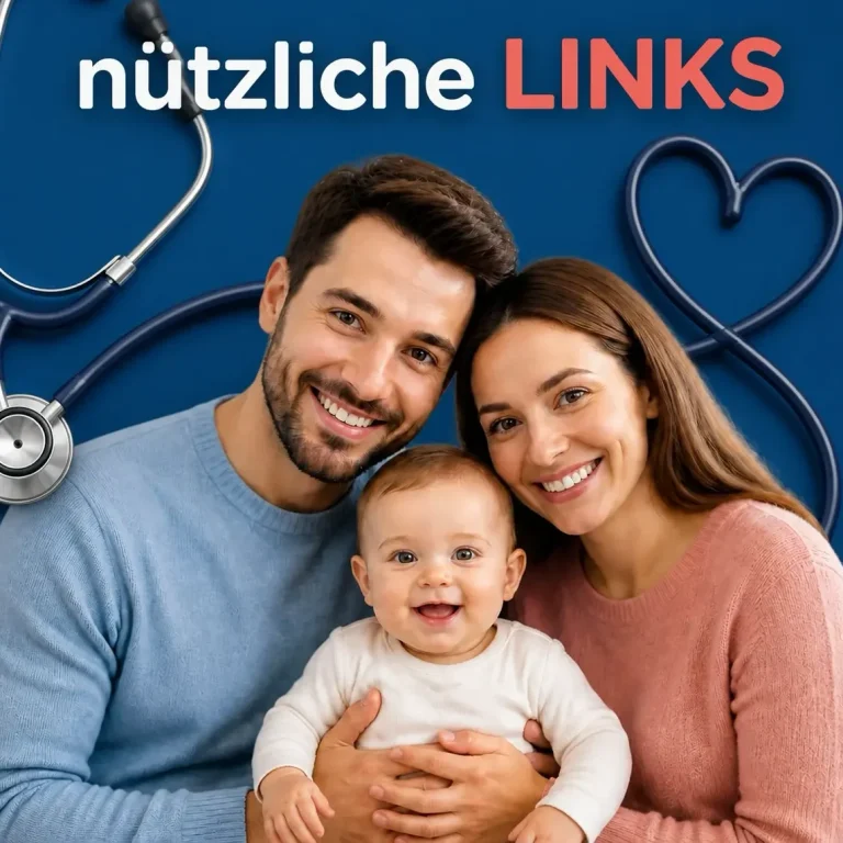 Familie mit Baby, lächelnd vor blauem Hintergrund mit Stethoskop
