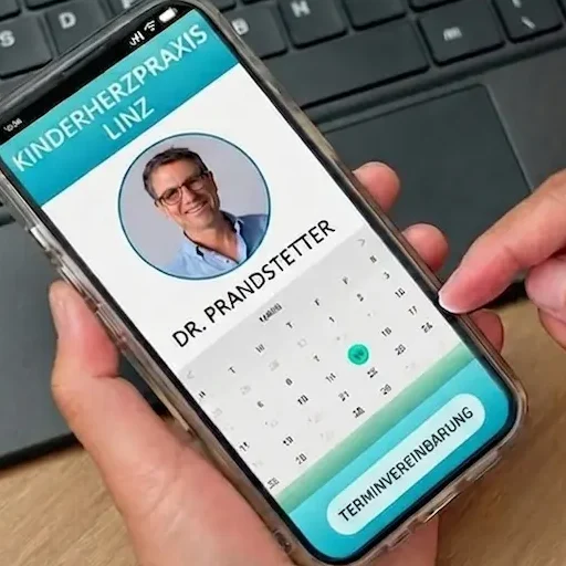 Ein Smartphone zeigt die Buchungsseite für einen Termin bei Dr. Prandstetter in der Kinderherzpraxis Linz.
