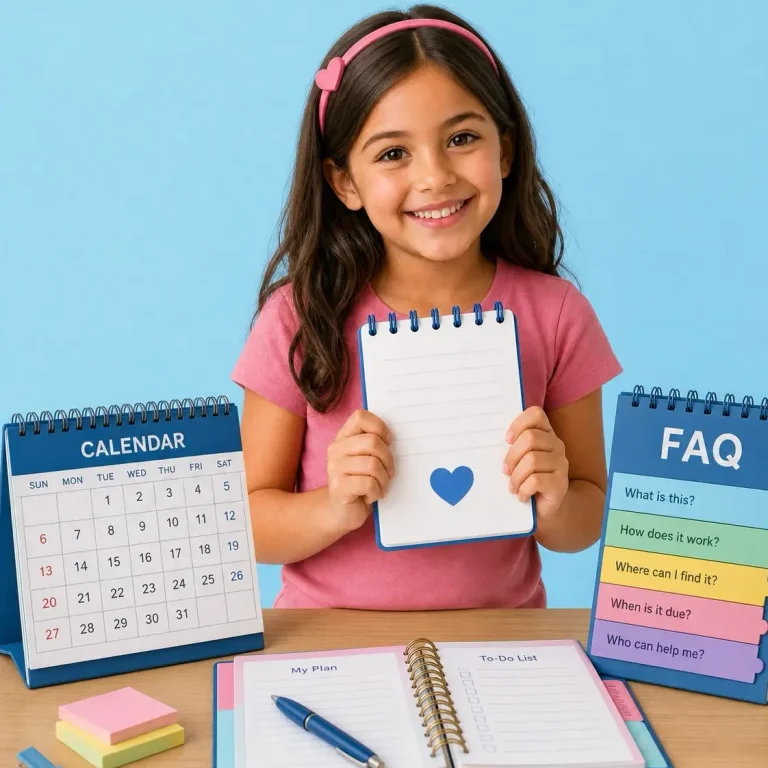 Ein fröhliches Mädchen hält ein Notizbuch und daneben steht ein Kalender und Organizer