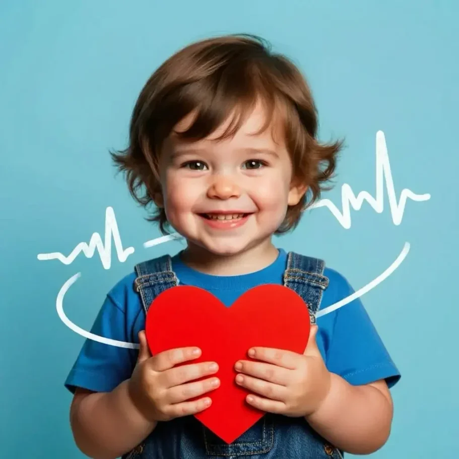 Ein Herz für Kinder Ein lächelndes Kind hält ein rotes Herz vor einem bunten Hintergrund. Ein EKG kreist um das Kind
